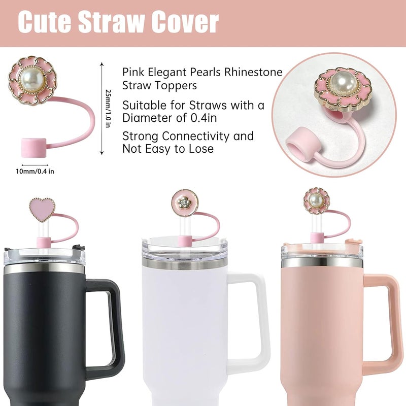 SEMATA 4PCS Silicone Straw Toppers for Stanley Cup Accessories,Pearls Rhinestone Straw Cover Cap for Stanley Tumbler 40&30 oz,Cute Pink Reusable Straws Tips Protectors Compatible with 10mm Straws - Image 2